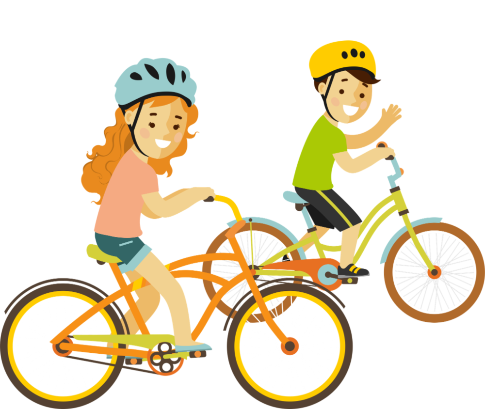 Kinder mit Helmen radeln auf bunten Fahrrädern durch Österreich.