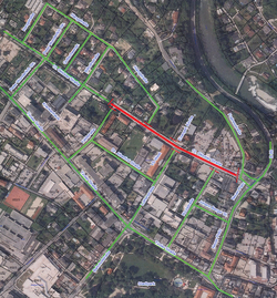 Der zu sanierende und gesperrte Straßenbereich ist rot dargestellt. Die grünmarkierten Straßenzüge sind bis auf wenige Einschränkungen für den Verkehr freigegeben